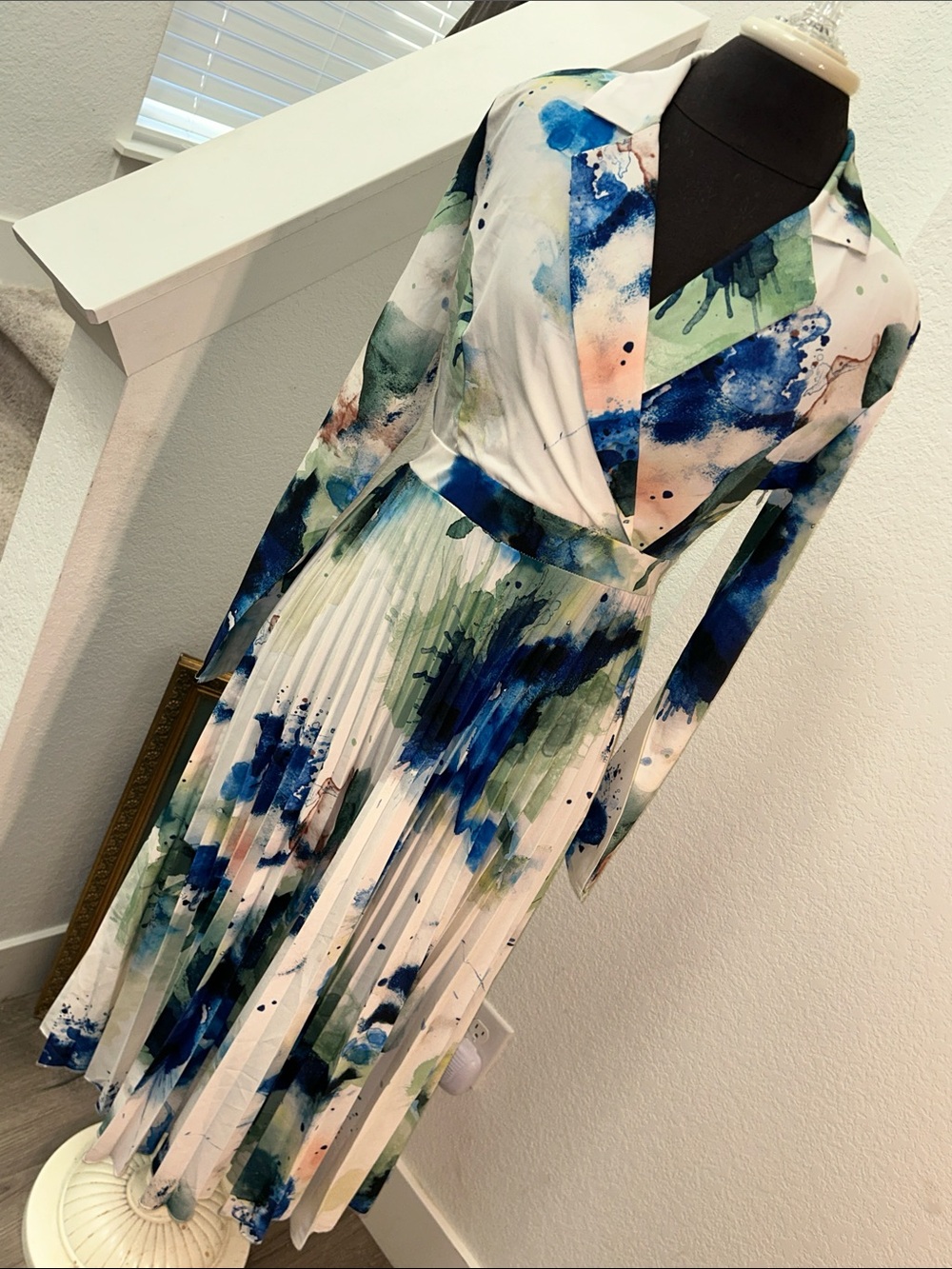 SHEIN Watercolor Floral Pleated Midi Dress - White, Blue & Green
